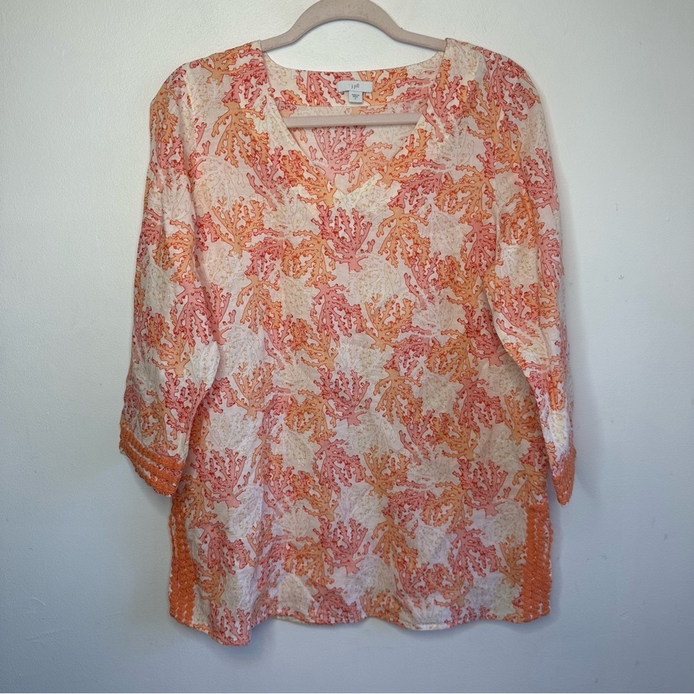 J Jill Linen Blend Orange Coral Reef Tunic Top Coastal Beach Womens S Small